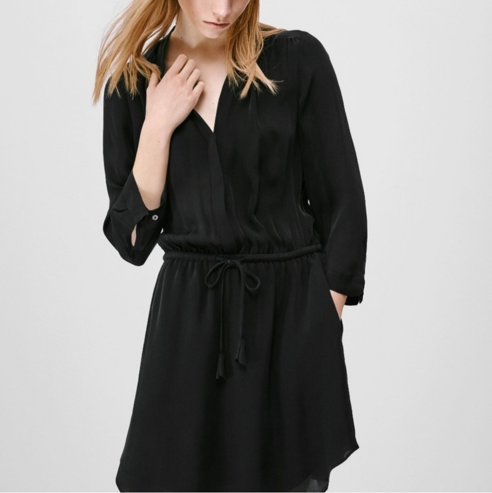 Aritzia Babaton Silk drawstring wrapstyle mini dress black classic elegant